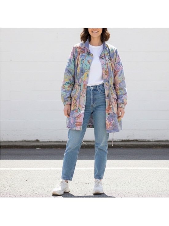 Vintage Jackets & Blazers - Vintage 90s Jacket Zip Up Size Medium Oversized Abstract Scribble Pastel Print
